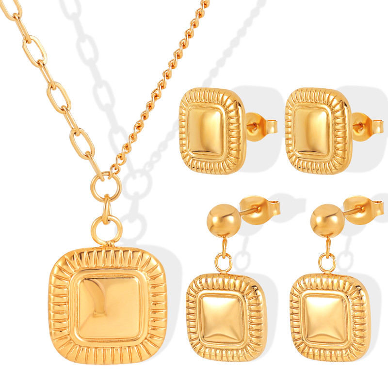 Cross-Border European and American High-End Niche Ins Retro Geometric Square Titanium Steel Necklace and Earrings Women's Jewelry Set