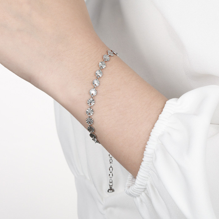 Korean Version Ins Niche High-end Sense Light Luxury Simple Versatile Embossed Pattern Round Titanium Steel Sunflower Sequin Bracelet for Women