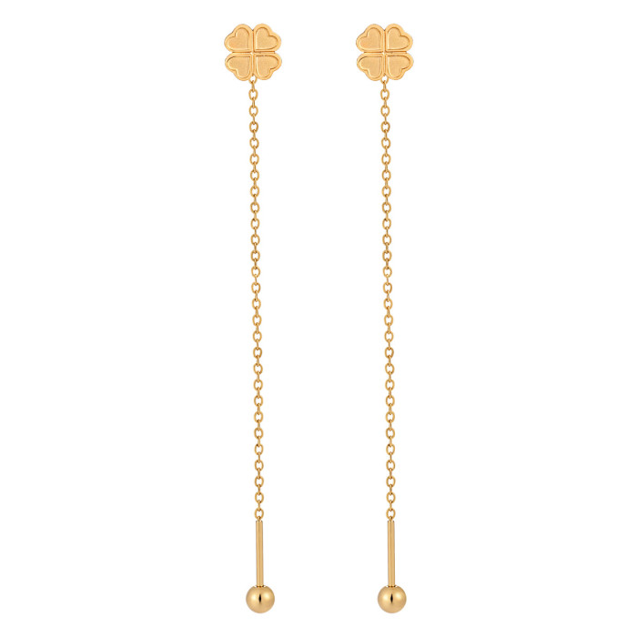 Korean Style Ins Style Long Gold Tassel Ear Thread Female Temperament fashion Advanced Love Four-leaf Clover Screw Ear Jewelry