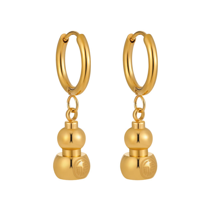 New Chinese Style Niche New Lucky Fortune Character Gourd Earrings for Women Fashionable Personality High-end Titanium Steel Earrings