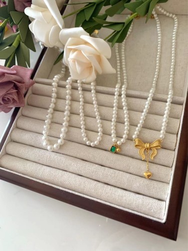 Shijia Pearl 650 Colors 4mm 6mm Vintage Tassel Heart Butterfly Necklace Titanium Steel Green Gemstone Pendant