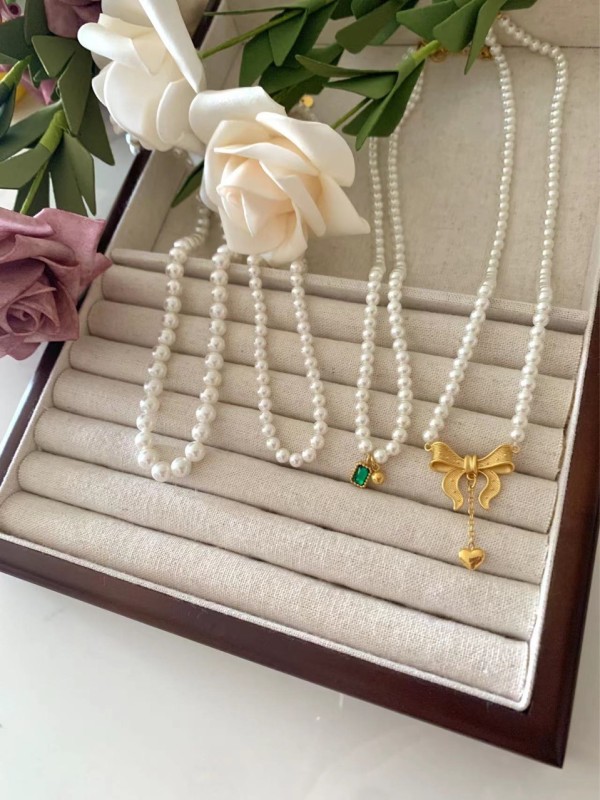 Shijia Pearl 650 Colors 4mm 6mm Vintage Tassel Heart Butterfly Necklace Titanium Steel Green Gemstone Pendant