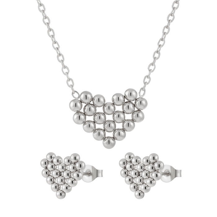 Korean Style Personality Trend Niche Popular Patchwork Heart Beads Titanium Steel Gold-Plated Necklace Earrings Jewelry Set Wholesale