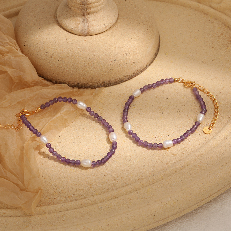 Fashionable Personality Elegant Light Luxury Amethyst Natural Stone Bracelet for Women European and American Ins Style High-end Titanium Steel Jewelry