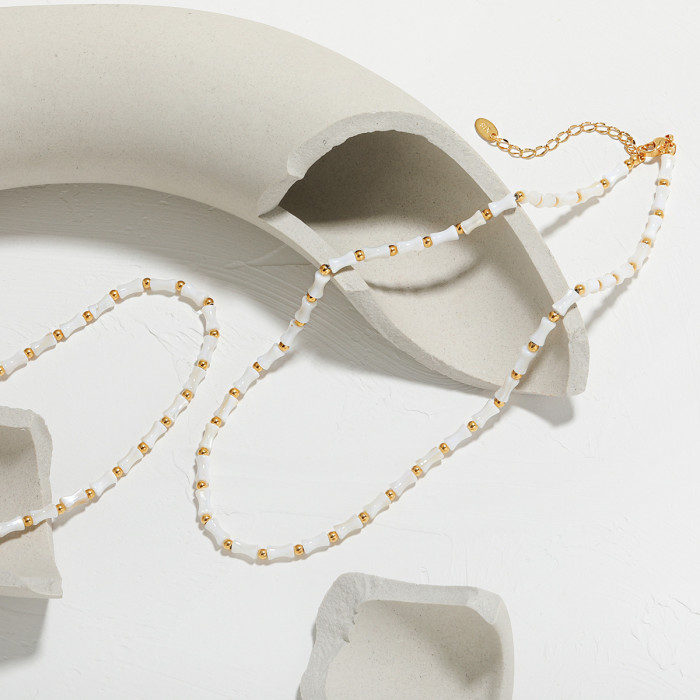 French Retro Natural Stone Bamboo Knot Collarbone Chain for Women Stainless Steel Gold Plated Necklace Ins Niche Jewe...