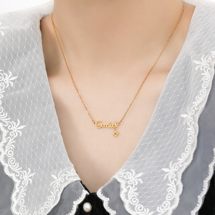 Korean Version Ins Niche Minimalist Light Luxury Goodluck Letter Small Flower Four-leaf Clover Titanium Steel Necklac...