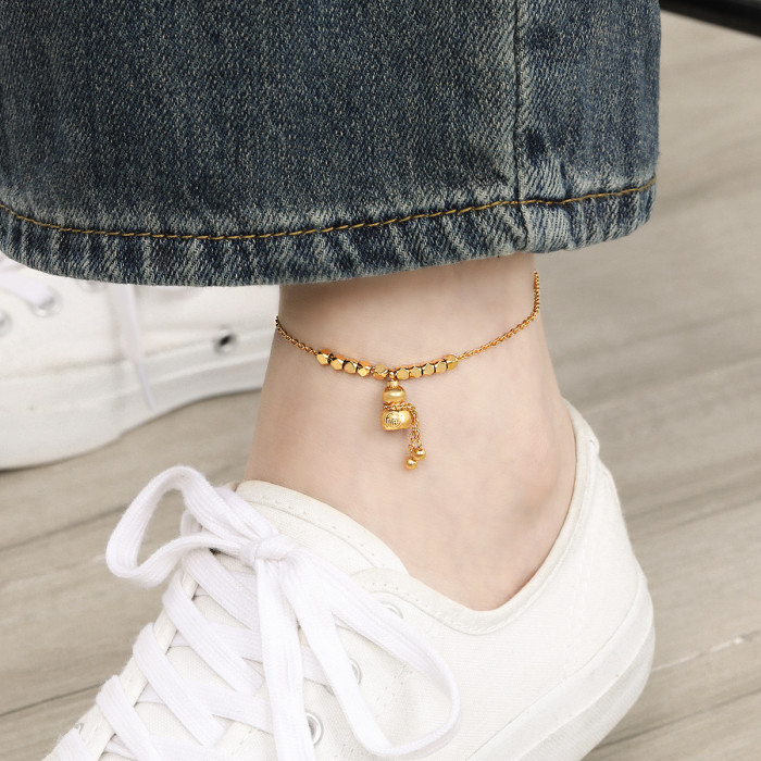 New Chinese Style Niche Geometric Stone Square Fu Character Gourd Necklace Women's Anklet Titanium Steel Jewelry Set