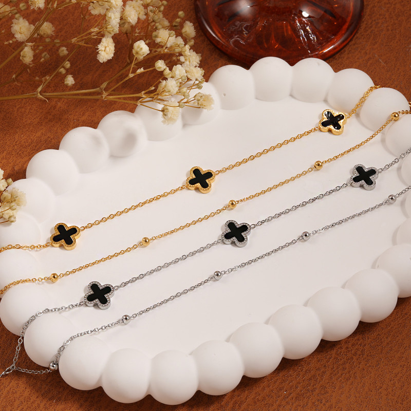Korean Style Light Luxury Fashion Simple Four-Leaf Clover Double Layer Beaded Anklet for Women Unique Niche High-End Titanium Steel Foot Jewelry