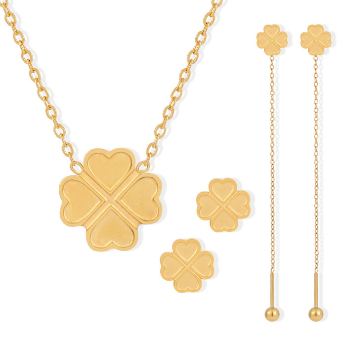 Japanese and Korean Light Luxury Simple Fashion Versatile Double-Sided Heart Four-Leaf Clover Necklace Earrings Ear T...