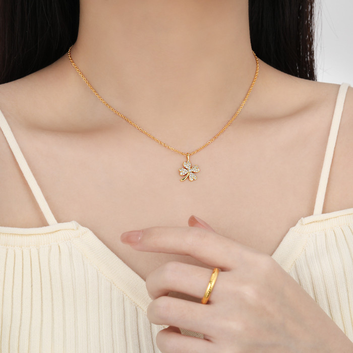 Korean Style Fresh Sweet Light Luxury Micro Inlaid Fully Stone-Set Four-Leaf Clover Necklace for Women Fashionable Perso...