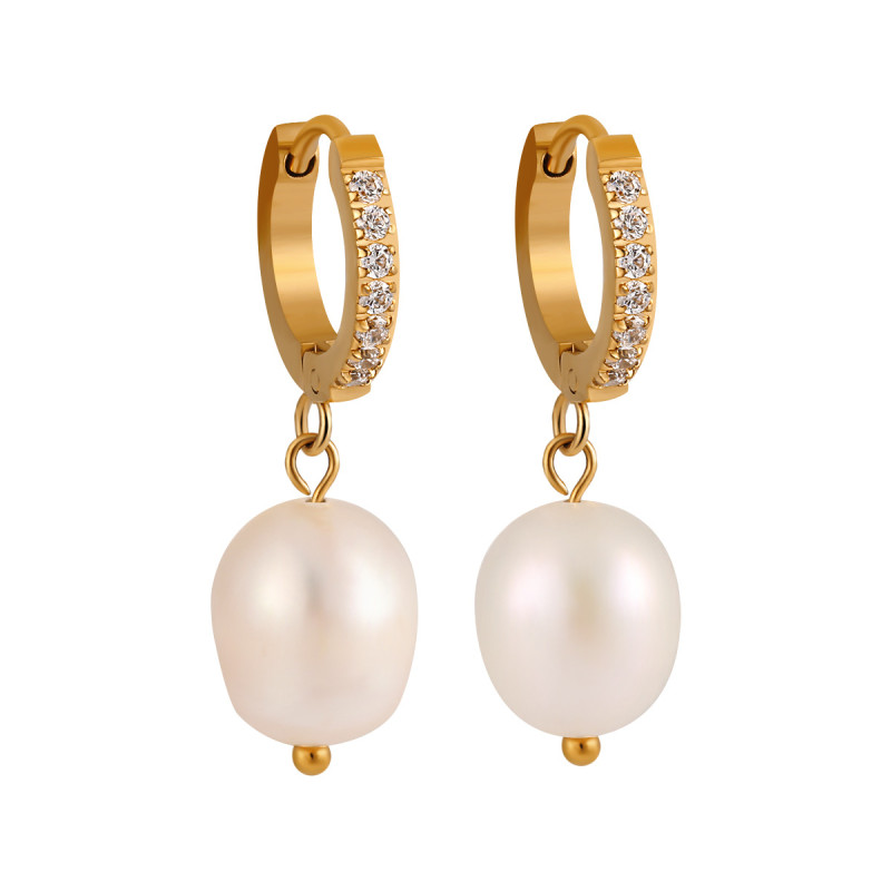 Cross-Border New Fashion Inlaid Stone Earrings Hoop Titanium Steel Women's Ins Style High-End Natural Pearl Water Drop Earrings Jewelry