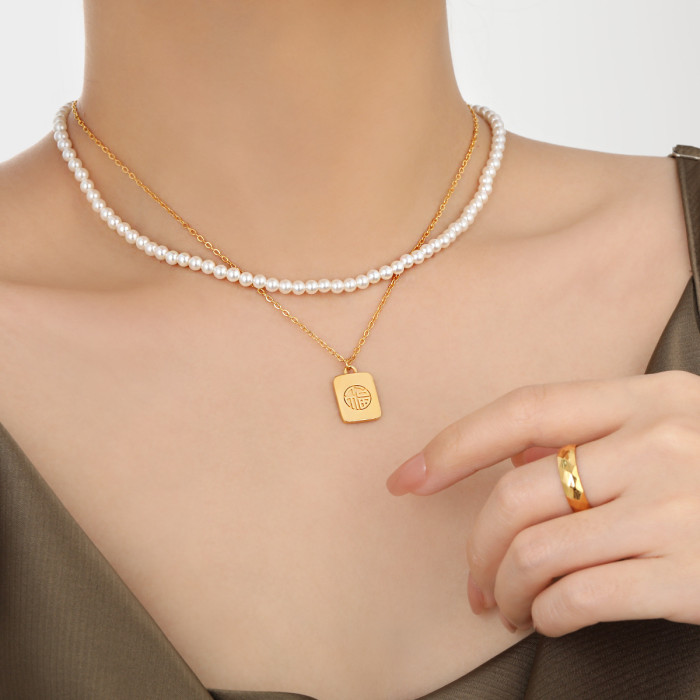 New Chinese Style National Trend New Niche Geometric Fu Character Square Pendant Necklace Fashionable Personality Tem...
