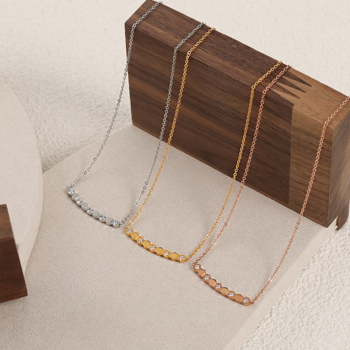 Korean Style INS New Geometric Hexagon Honeycomb Stone-Inlaid Necklace Light Luxury Fashion Gold Plated Titanium St...