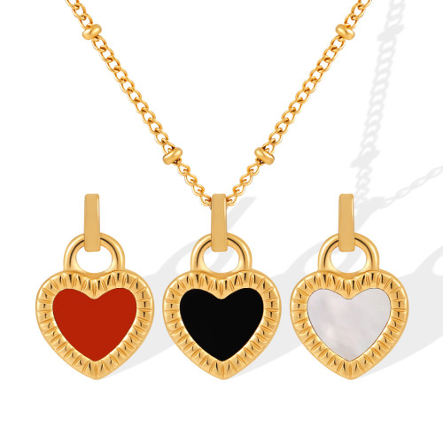 European and American Double-Sided Heart Mother-of-Pearl Necklace Titanium Steel PVD Gold Plated Heart Pendant Ins Style Stainless Steel Collarbone Chain