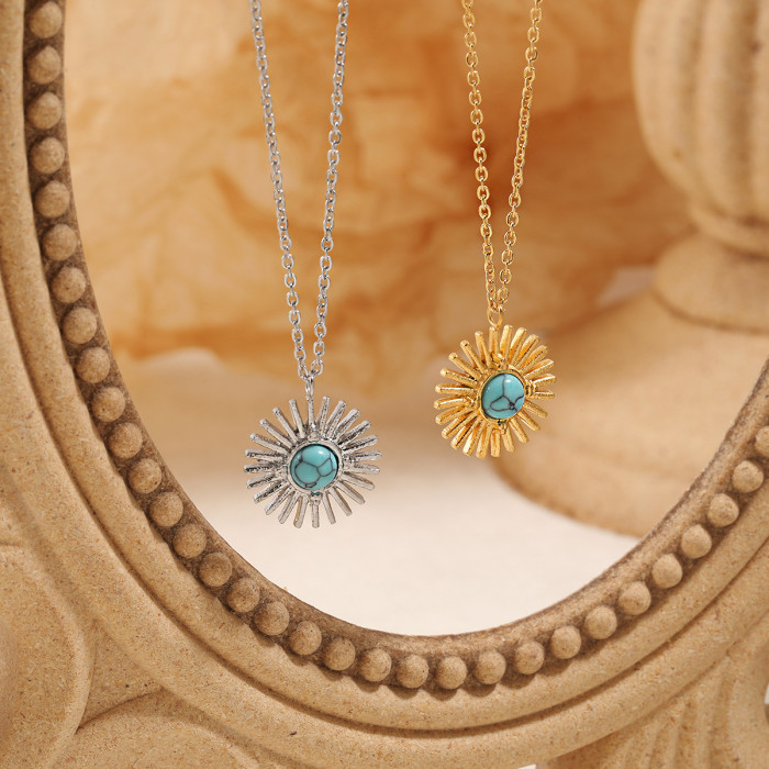 New Niche Natural Turquoise Sunflower Necklace for Women Fashionable Personality Light Luxury Titanium Steel Collarbo...