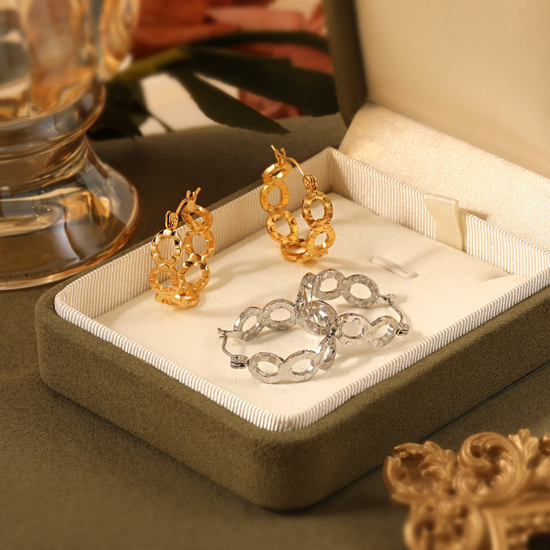 Korean Style New Niche Elegant Simple Hollow Geometric Round Texture Earrings High-end Gold-plated Titanium Steel Earrings