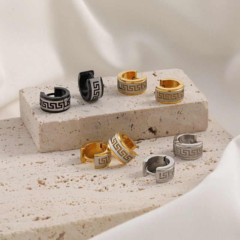 New Chinese Style National Trend Cool Classic Brushed Great Wall Pattern Earrings for Women Fashionable Personality Versatile Gold-Plated Titanium Steel Earrings