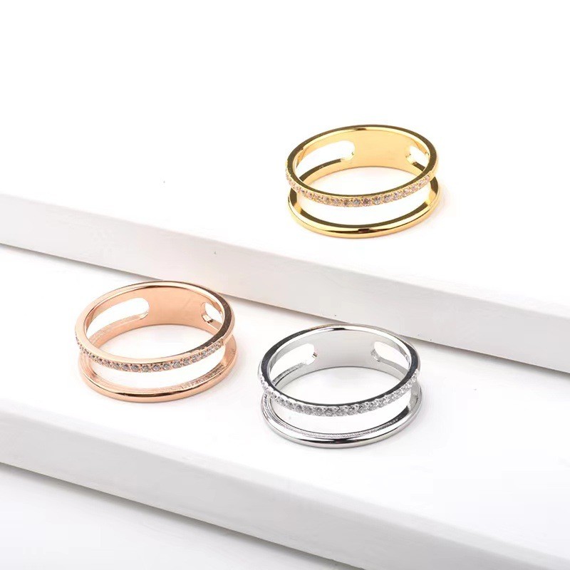 Personalized Hollow Double Layer Inlaid Diamond Ring Couple Design Simple Fashion Tail Ring Elegant Versatile Titanium Steel Ring