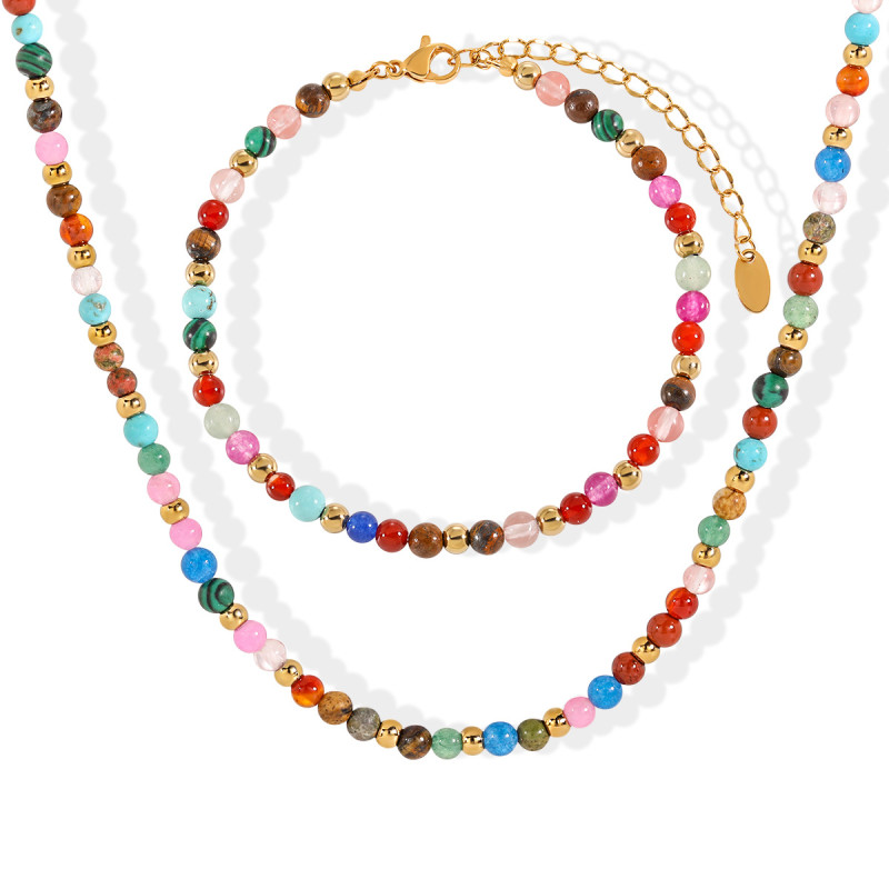 Bohemian Ethnic Style Colorful Natural Stone Titanium Steel Beaded Necklace Personalized Accessories Fashion Bracelet Jewelry Set
