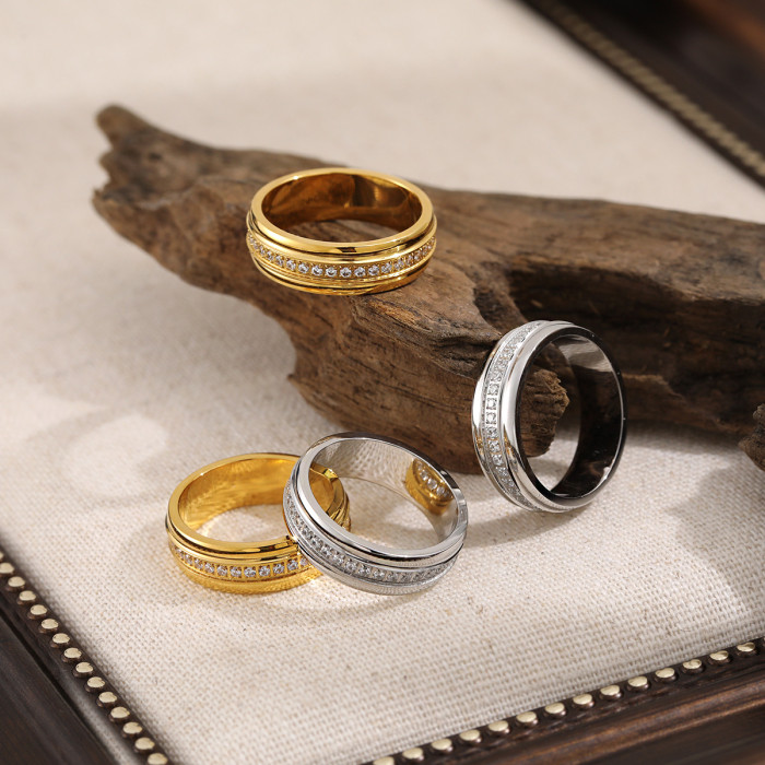 CNC Precision Crafted Circle Stone-Inlaid Ring INS Style Niche Stainless Steel 18K Gold Plated Fashion Trendy Ring