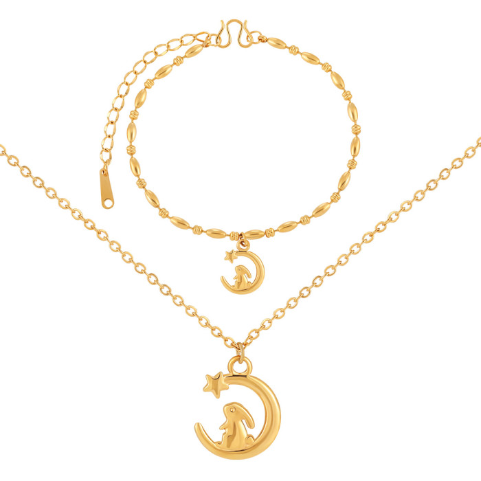 Niche High-End Design Moon Rabbit Necklace Beaded Bracelet Fashion Versatile Women's Light Luxury Titanium Steel Jewe...