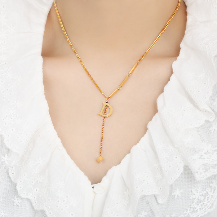 Korean Version Niche Design Minimalist Versatile Tassel Square Letter D Pendant Titanium Steel Necklace Women's Fashi...