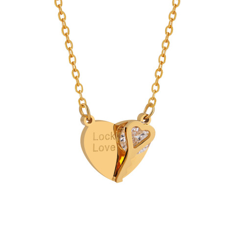 Sweet Style Ins Niche New Key Heart Clip Diamond Necklace Fashionable Personality Heart-shaped Gold-plated Titanium Steel Clavicle Chain