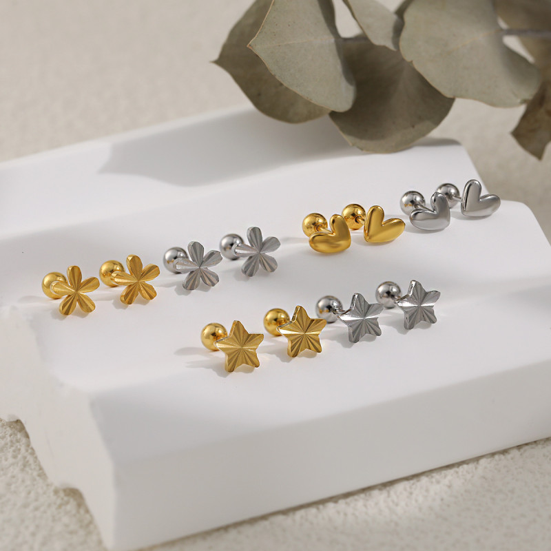 Korean Style INS New Titanium Steel No Need to Remove Earrings for Showering Ear Bone Studs Pentagram Flower Heart Ear Jewelry Wholesale