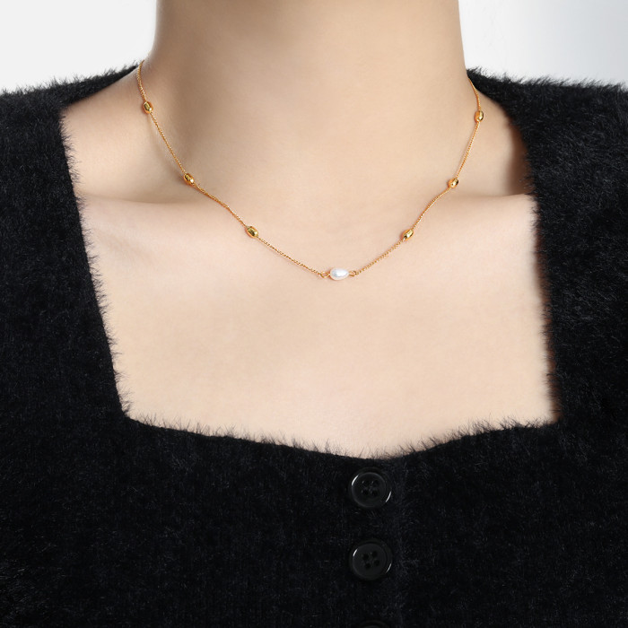 Niche Design INS High-End Fashion Personality Geometric Freshwater Pearl Titanium Steel Necklace Bracelet Women's Set