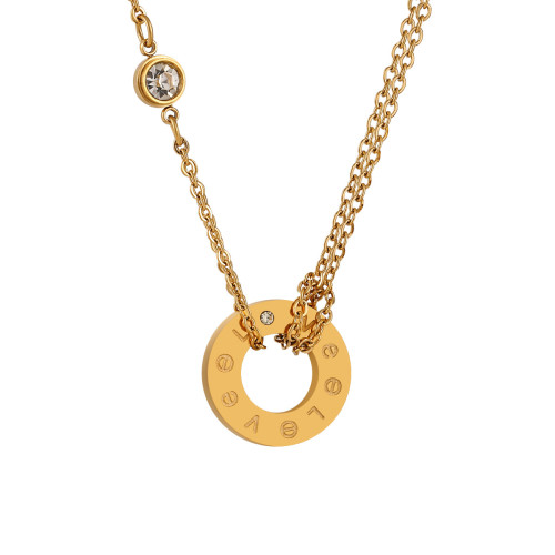 European and American Fashion Simple LOVE Necklace with Diamonds for Women, Long Round Pendant, Titanium Steel, Polished Jewelry, PVD Gold Plated