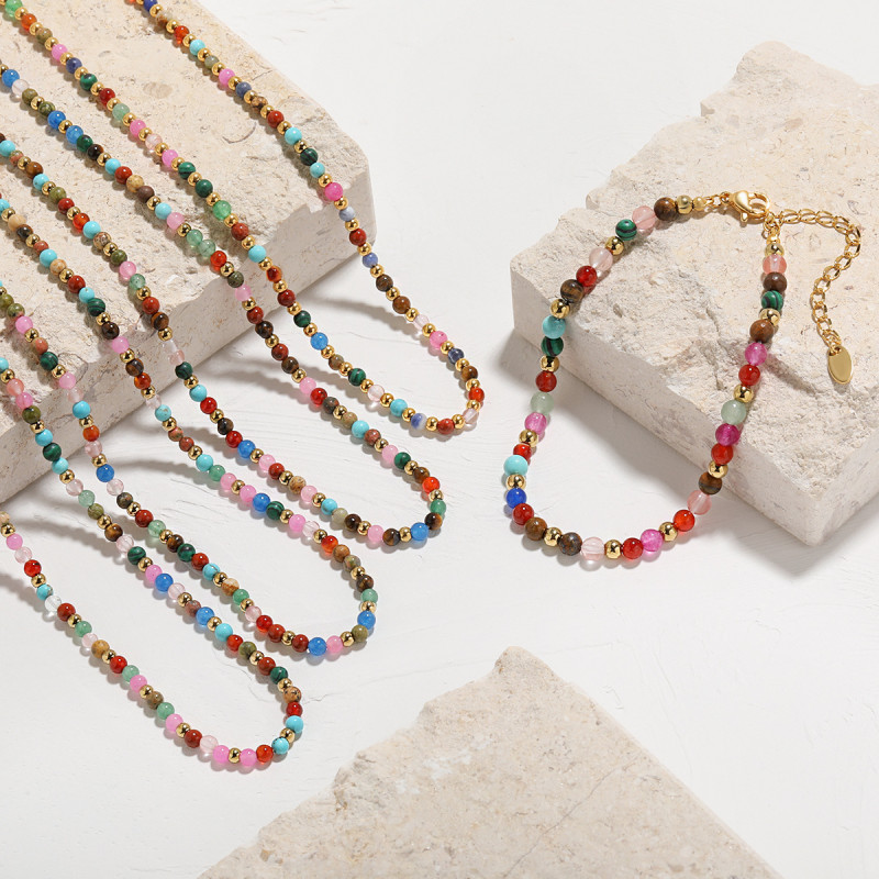 Bohemian Ethnic Style Colorful Natural Stone Titanium Steel Beaded Necklace Personalized Accessories Fashion Bracelet Jewelry Set