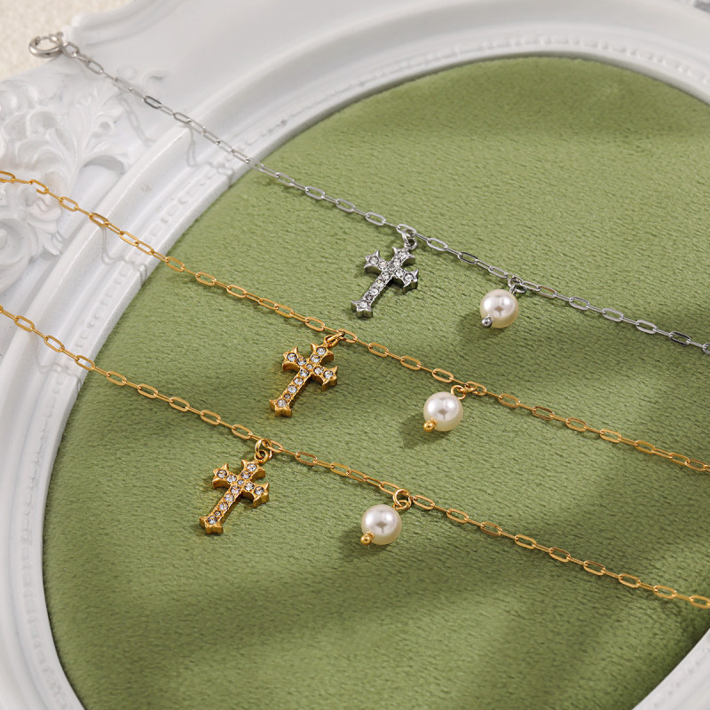European and American Cross-Border New Ins Style Pearl Pendant Micro Inlaid Full Diamond Cross Bracelet Titanium Steel PVD Gold Plated Jewelry
