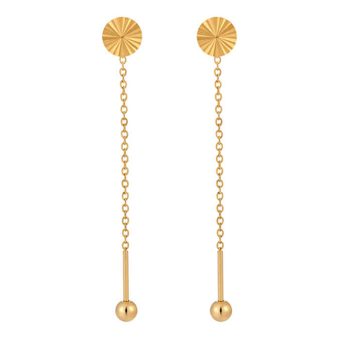 Korean Style Simple Laser Surface Small Round Plate Ear Thread Ins Style Fashion Personality Temperament Versatile Gold-Plated Titanium Steel Earrings