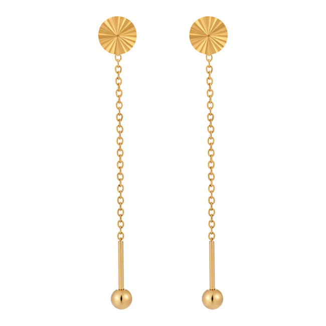 Korean Style Simple Laser Surface Small Round Plate Ear Thread Ins Style Fashion Personality Temperament Versatile Gold-Plated Titanium Steel Earrings