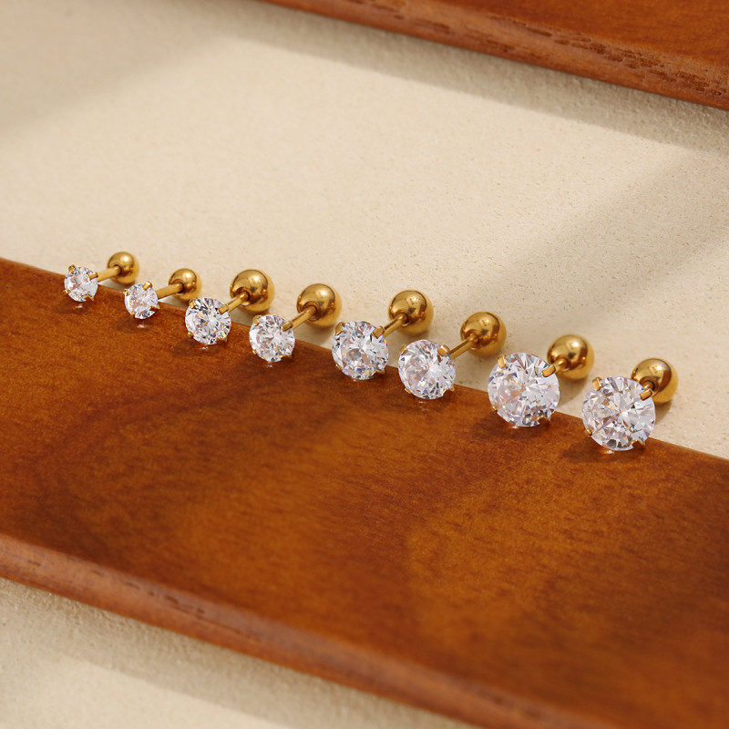 Titanium Steel Super Shiny Ins Style Mini Four-Prong Diamond Ear Bone Stud for Women, Gold Screw Earrings, Sleep-Friendly, No Need to Remove, Ear Piercing Jewelry