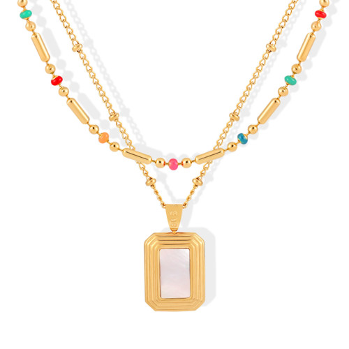 Cross-Border Niche INS Geometric Square Natural Stone Colorful Resin Beads Layered Titanium Steel Necklace Collarbone Chain