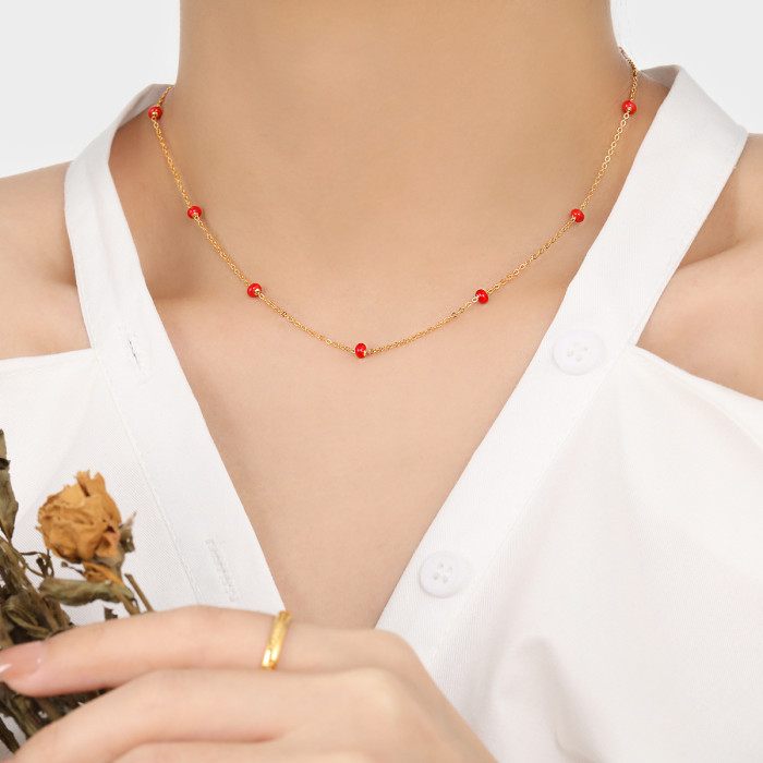 Bohemian Retro New Niche Style Epoxy Colorful Beaded Necklace for Women Fashionable Personality Titanium Steel Collarbone Chain