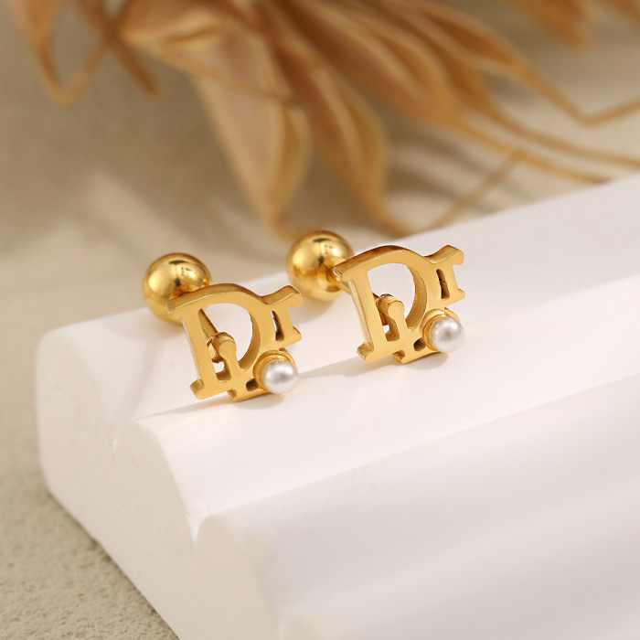 New Fashion D-shaped Pearl Small Earrings Electroplated 24K Gold Titanium Steel Ear Bone Studs Anti-lost Anti-hair Ha...