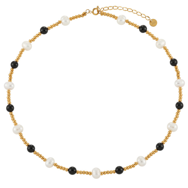 European and American Cross-Border Niche Freshwater Pearl Obsidian Wave Bead Necklace Fashionable Personality Simple Titanium Steel Collarbone Chain