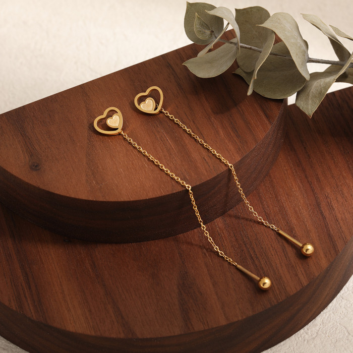 Japanese and Korean Niche Design Hollow Heart Double Heart Long Tassel Ear Thread Simple Elegant Personality Titanium Steel Earrings