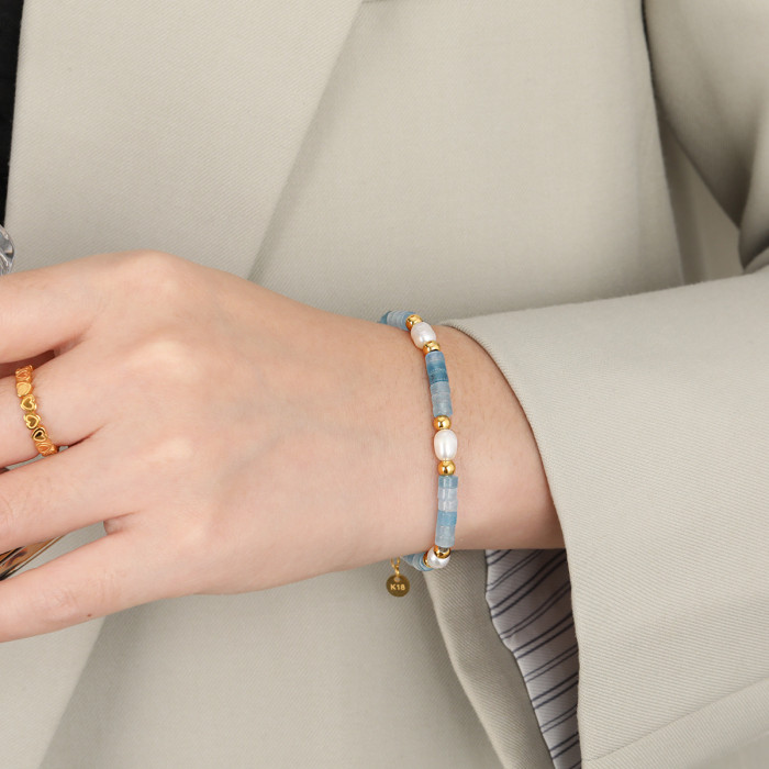 Natural Aquamarine Pearl Handmade Bracelet for Women, Light Luxury Ins Style, Unique Titanium Steel Jewelry