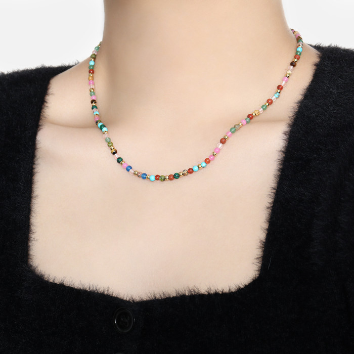 Bohemian Ethnic Style Colorful Natural Stone Titanium Steel Beaded Necklace Personalized Accessories Fashion Bracelet Jewelry Set