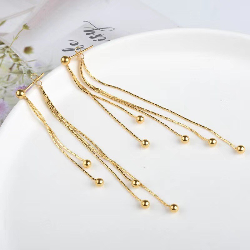 Korean Style Long Steel Bead Tassel Chain Earrings for Women Simple Elegant Light Luxury Ear Accessories