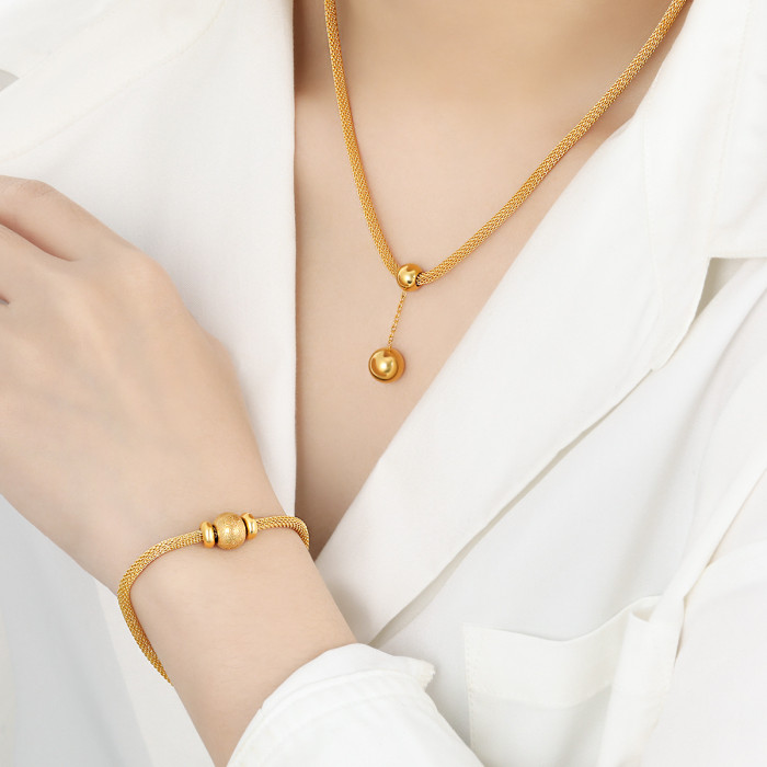 Japanese and Korean INS Niche Design Mesh Matte Geometric Round Bead Fortune Bead Titanium Steel Bracelet Necklace Wo...