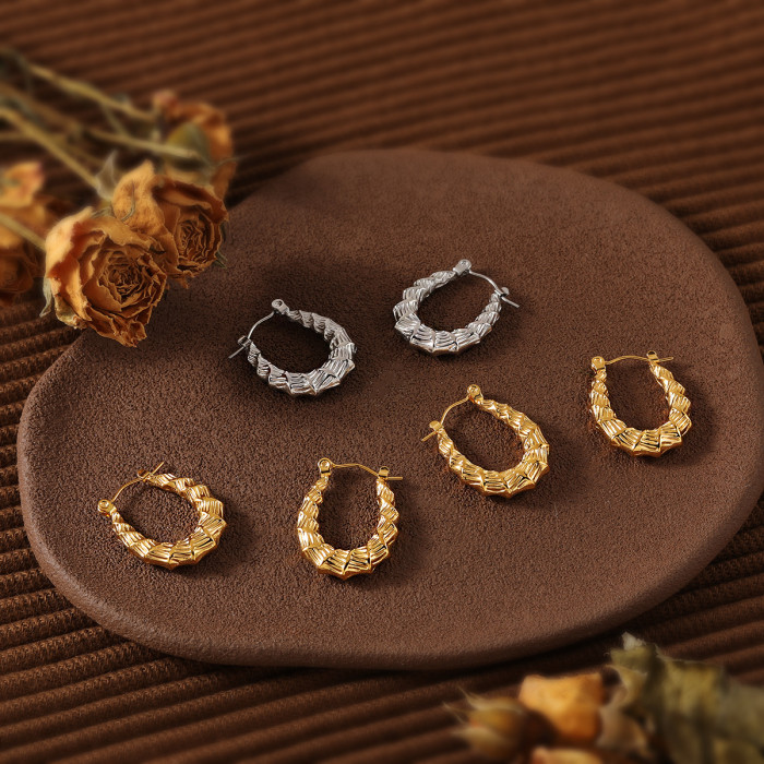 New Retro Style Textured Bamboo Earrings for Women Fashionable Personality High-end Titanium Steel U-shaped Buckle Ho...