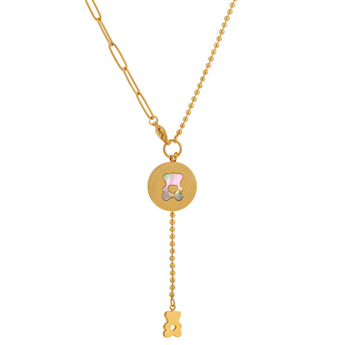 Korean Version Niche Design High-end White Mother-of-Pearl Cute Bear Necklace for Women Fashionable Personality Temperament Titanium Steel Sweater Chain