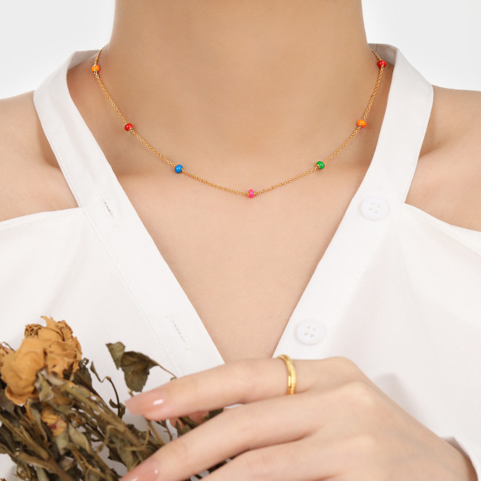 Bohemian Retro New Niche Style Epoxy Colorful Beaded Necklace for Women Fashionable Personality Titanium Steel Collarbone Chain
