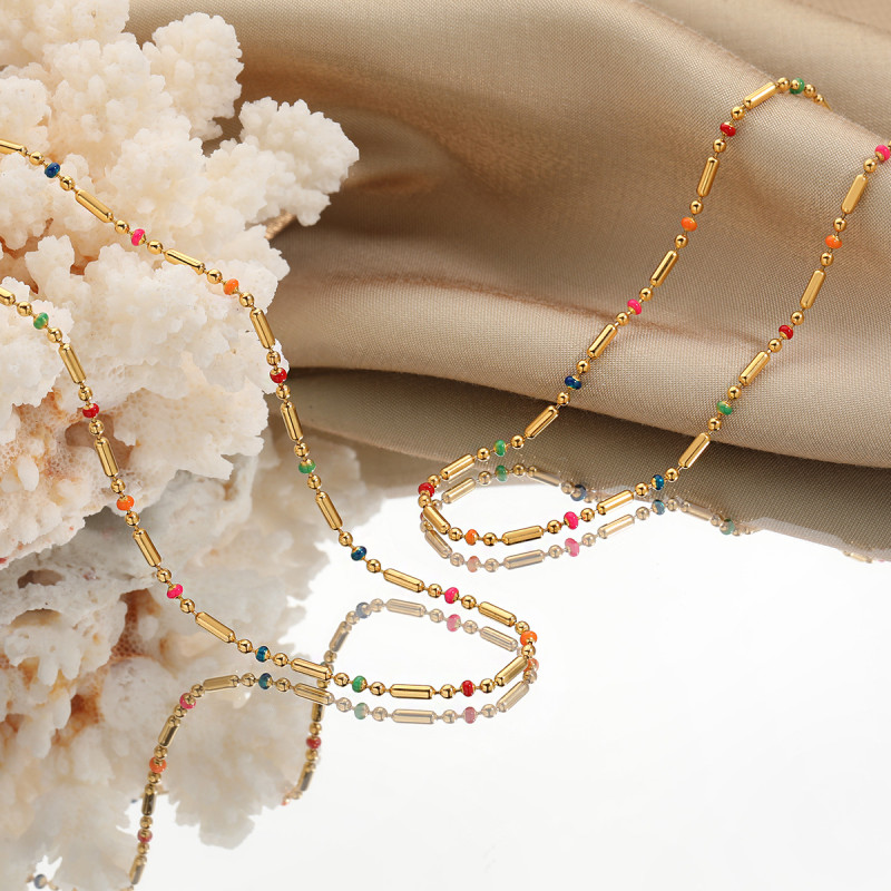 Bohemian New Fashion Retro Niche Epoxy Rainbow Necklace for Women, Elegant and Unique Gold-Plated Titanium Steel Collarbone Chain