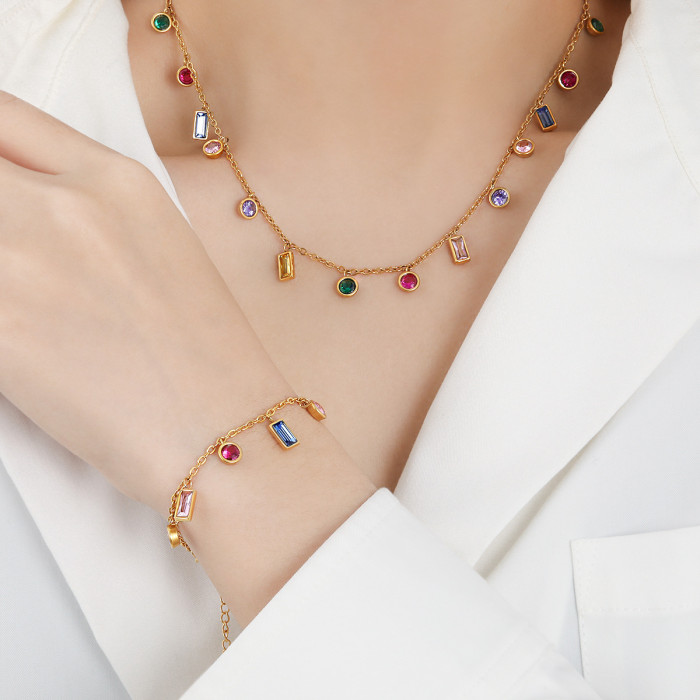 Light Luxury INS Style Non-Fading Multiple Colorful Zircon Jewelry Set Tassel Necklace Niche Design Titanium Steel Br...