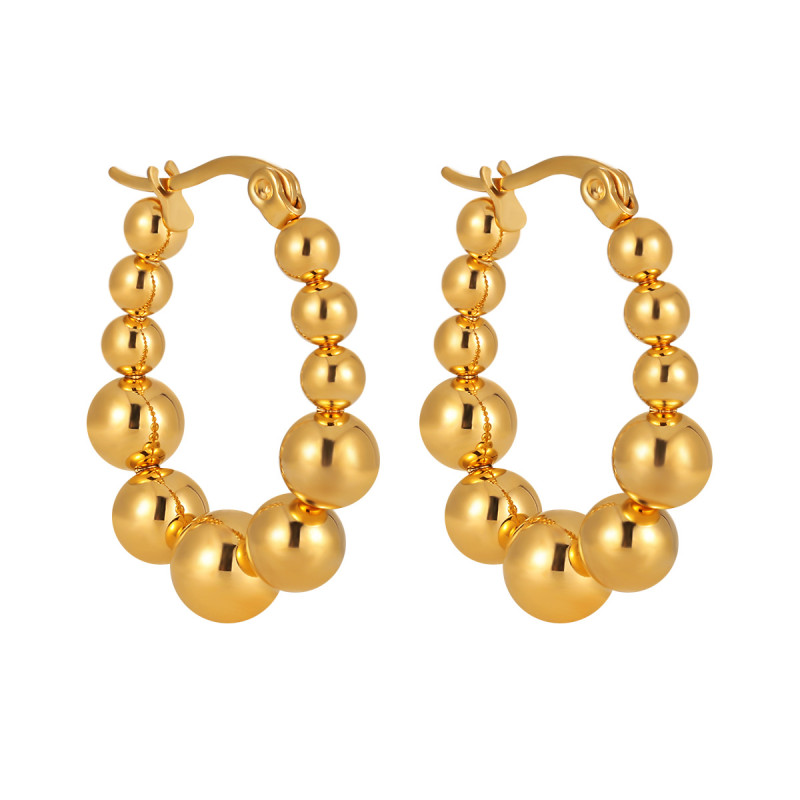 Korean Style Simple Niche Elegant Small and Large Round Bead Splicing Design Earrings Fashionable Personality Gold-Plated Titanium Steel Ear Jewelry